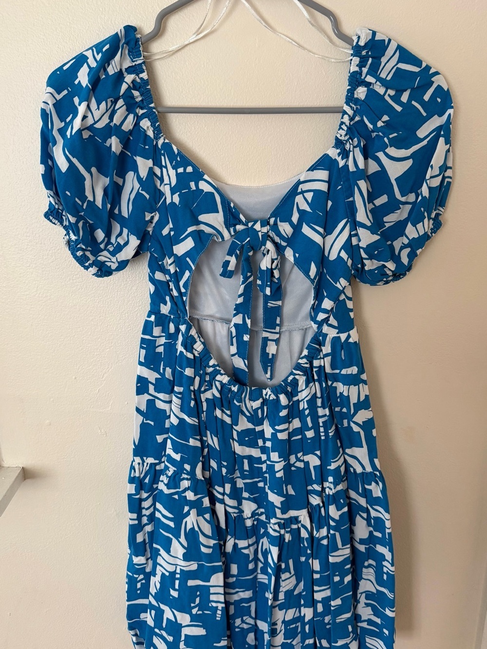 Blue & White Abstract Puff-Sleeve Midi Dress - Picture 2 of 3